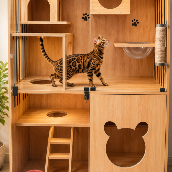 Nhà Gỗ Cho Mèo Trong Nhà Kính Cao Cấp – Pet House 3 Tầng