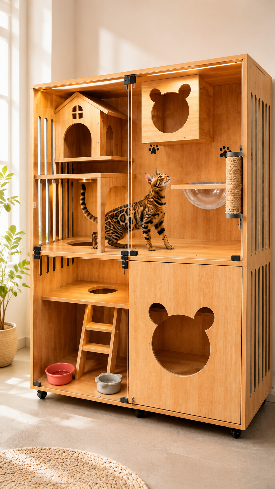 Nhà Gỗ Cho Mèo Trong Nhà Kính Cao Cấp – Pet House 3 Tầng - Image 2