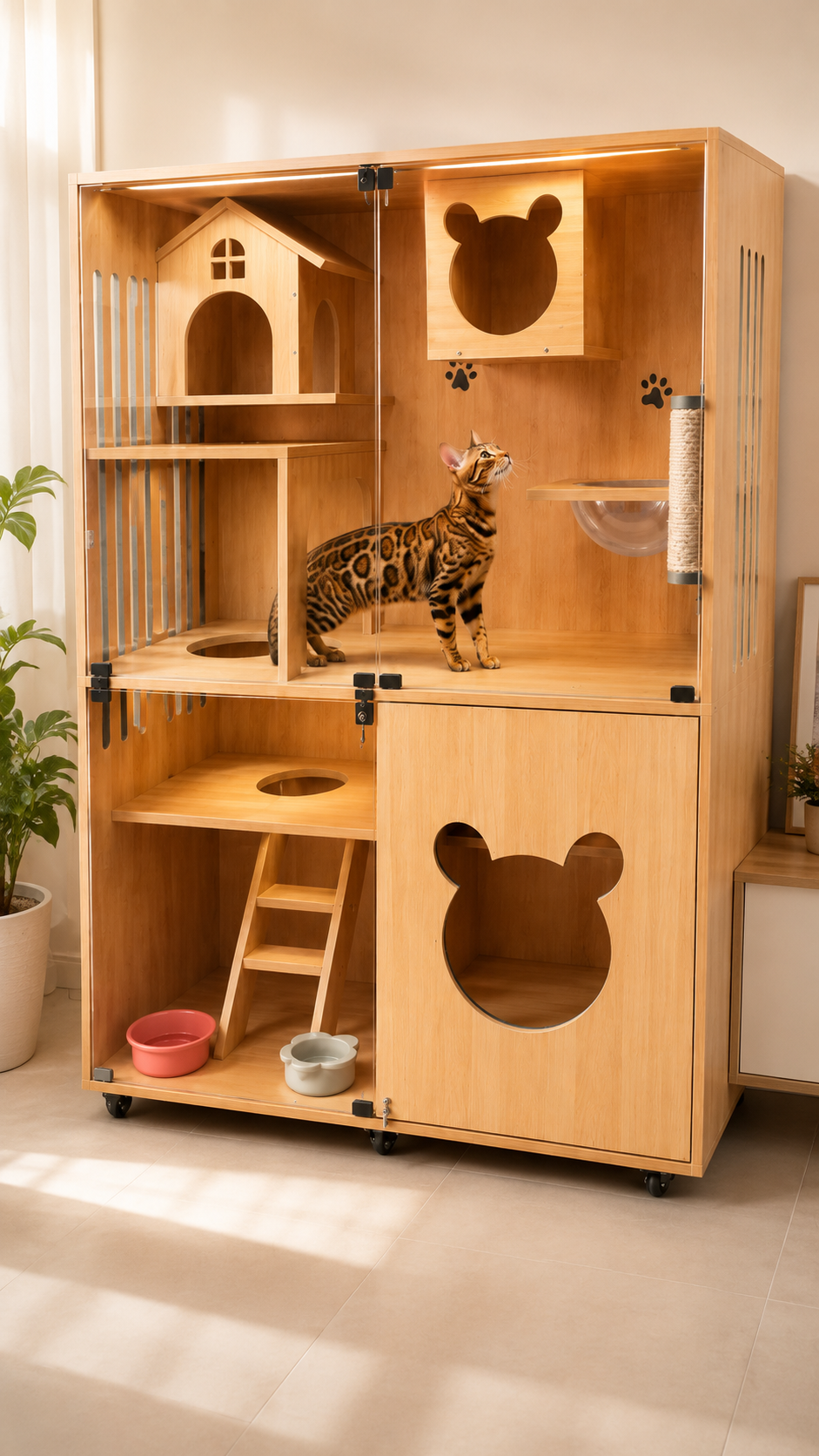 Nhà Gỗ Cho Mèo Trong Nhà Kính Cao Cấp – Pet House 3 Tầng - Image 3
